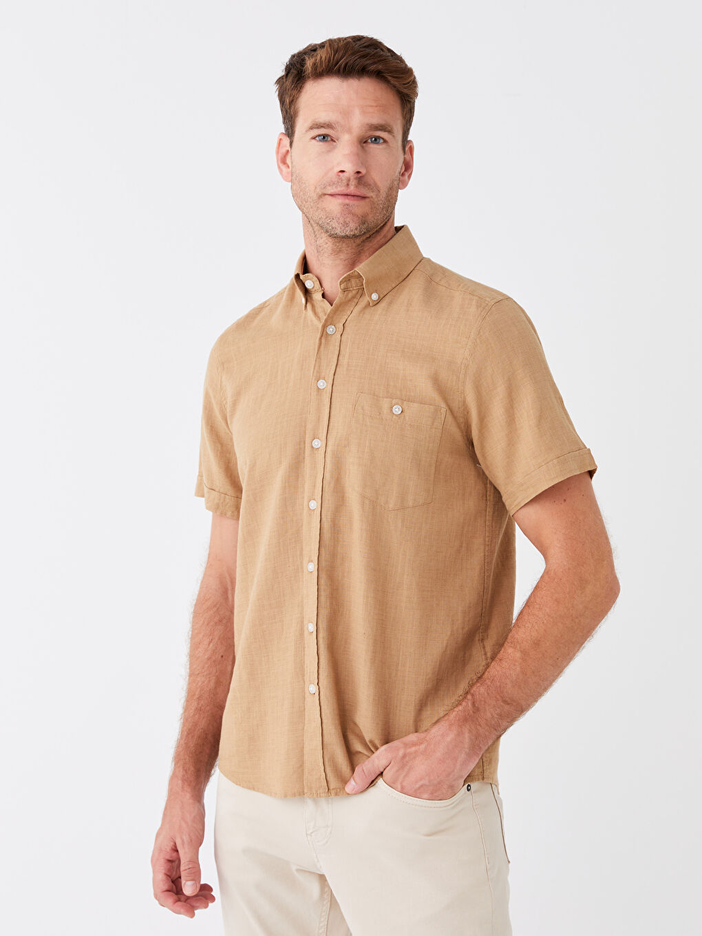 Bej Regular Fit Kısa Kollu Keten Karışımlı Erkek Gömlek-1