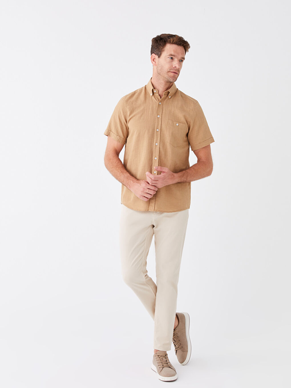 Bej Regular Fit Kısa Kollu Keten Karışımlı Erkek Gömlek-2