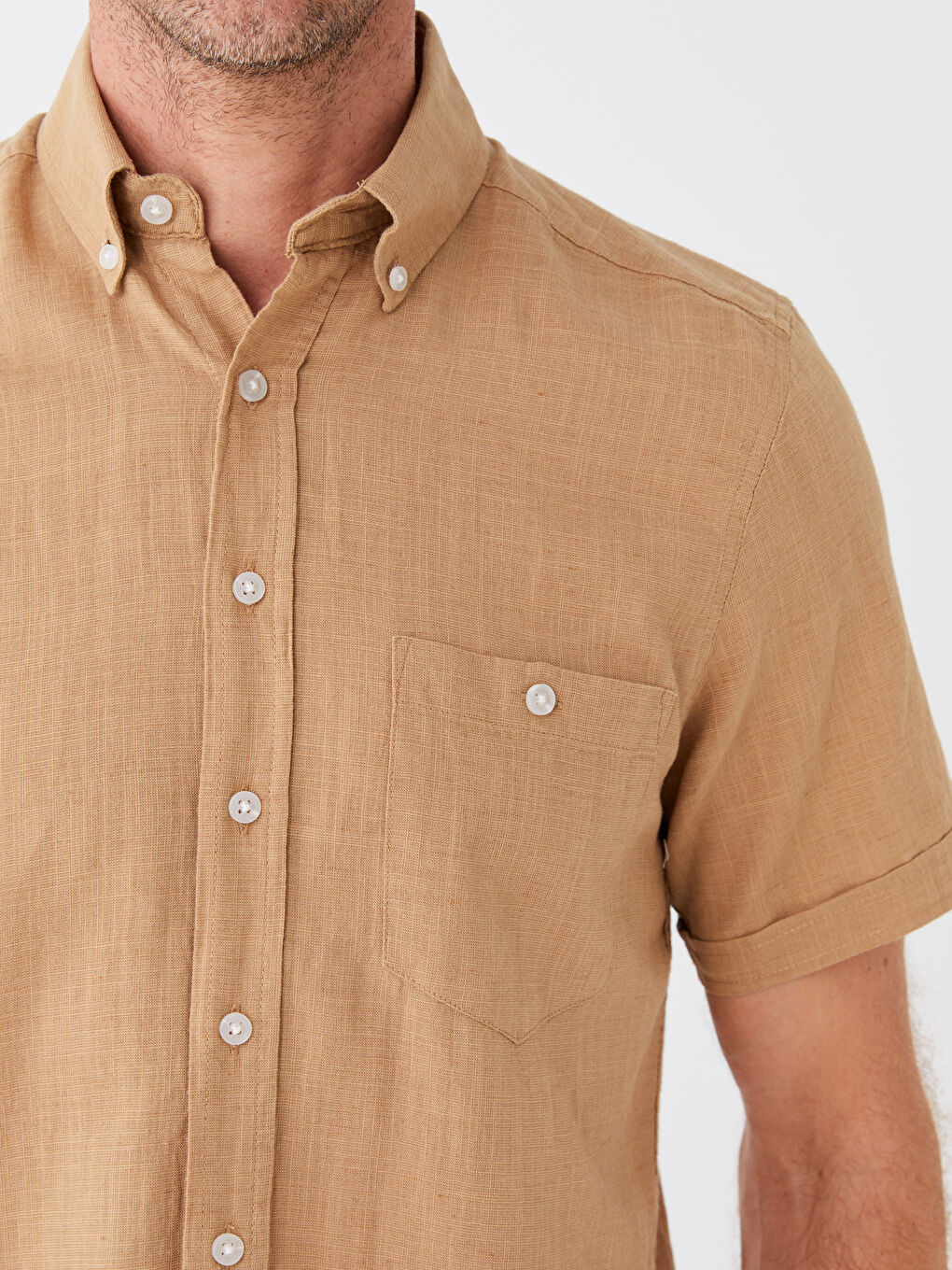 Bej Regular Fit Kısa Kollu Keten Karışımlı Erkek Gömlek-3