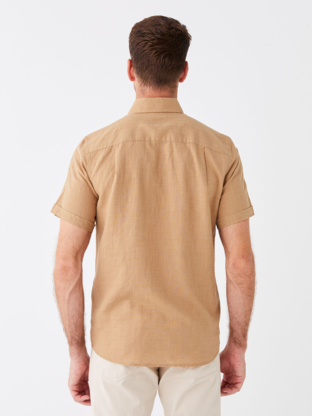 Bej Regular Fit Kısa Kollu Keten Karışımlı Erkek Gömlek-4