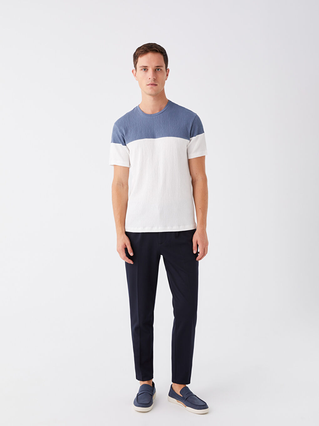 Mavi Bisiklet Yaka Kısa Kollu Renk Bloklu Erkek Tişört-2