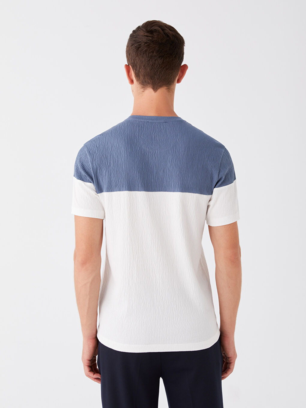 Mavi Bisiklet Yaka Kısa Kollu Renk Bloklu Erkek Tişört-4