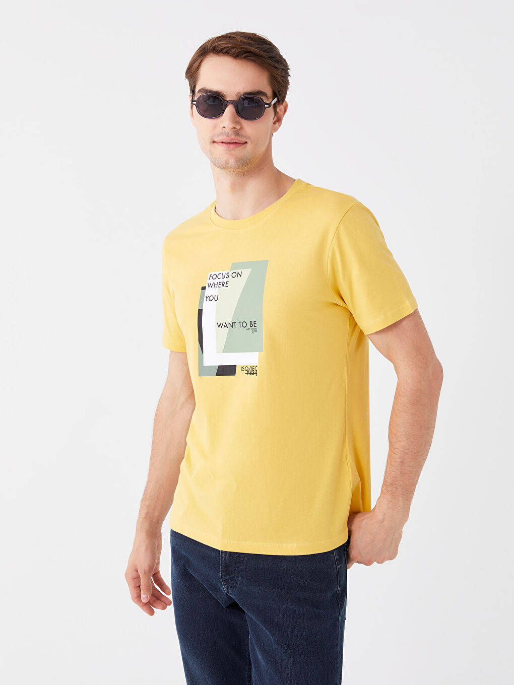 Sarı Bisiklet Yaka Kısa Kollu Baskılı Penye Erkek Tişört