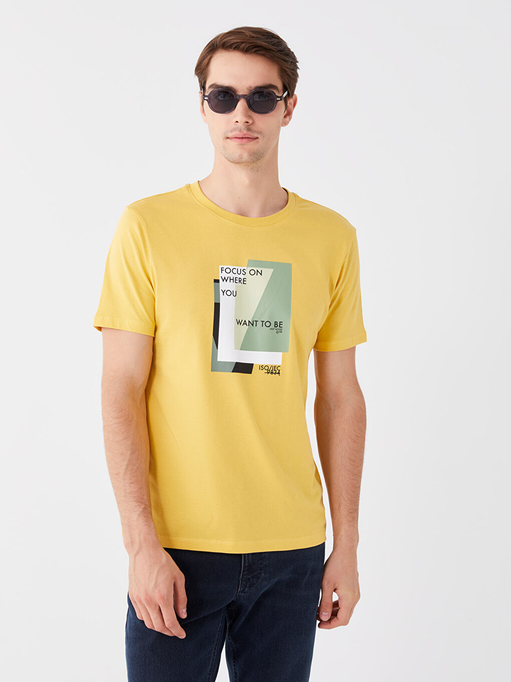 Sarı Bisiklet Yaka Kısa Kollu Baskılı Penye Erkek Tişört-1