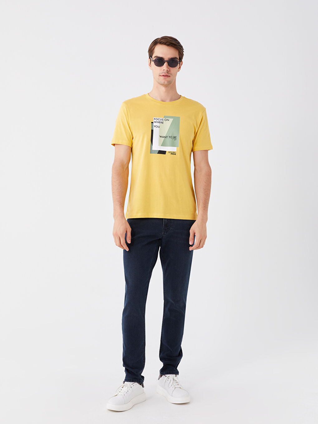 Sarı Bisiklet Yaka Kısa Kollu Baskılı Penye Erkek Tişört-2