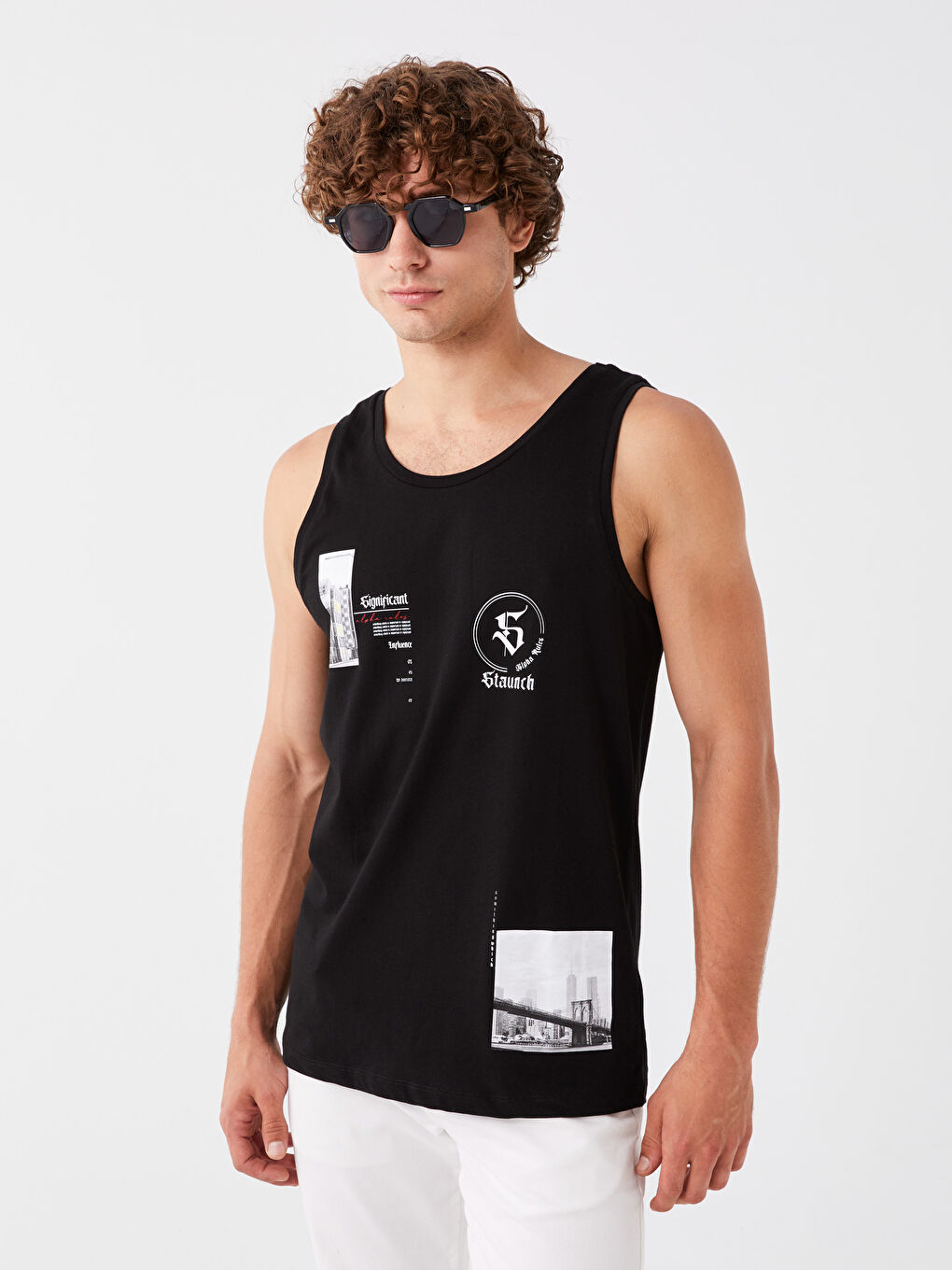 Siyah Bisiklet Yaka Baskılı Penye Erkek Kolsuz Tişört