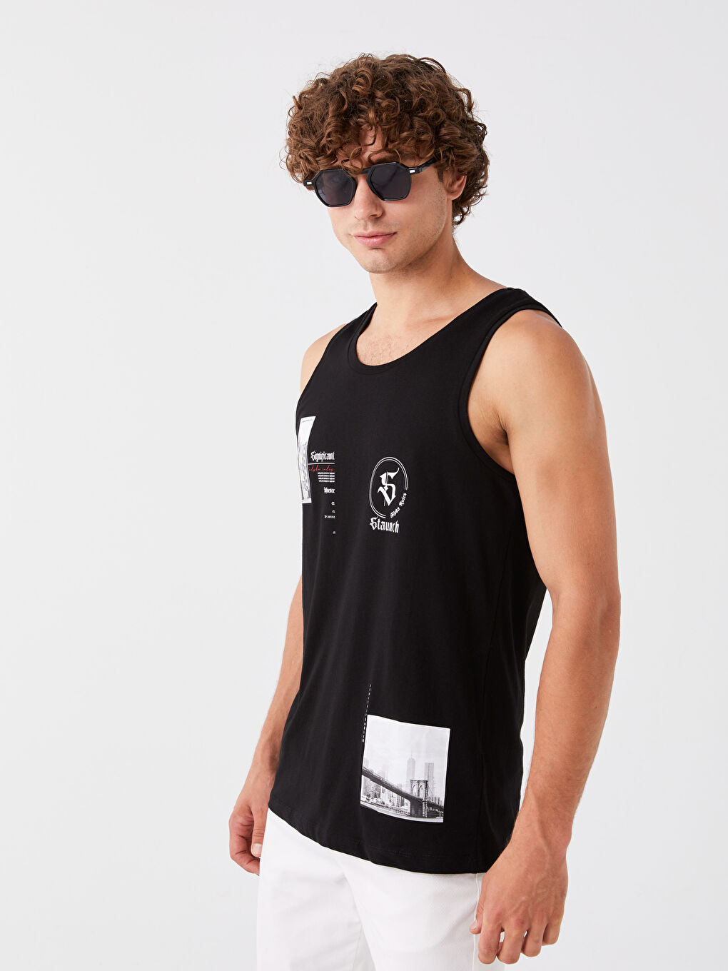 Siyah Bisiklet Yaka Baskılı Penye Erkek Kolsuz Tişört-1