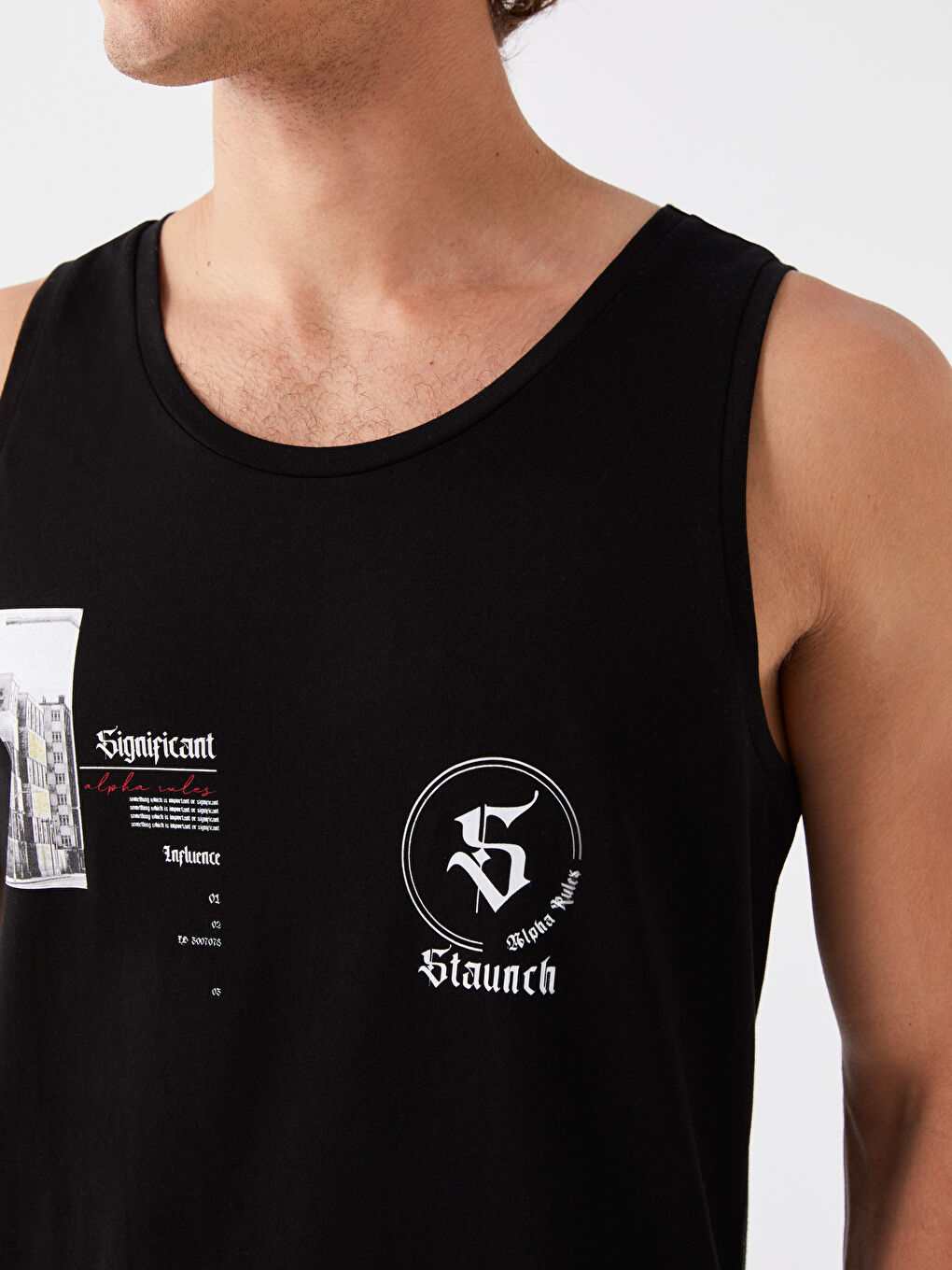 Siyah Bisiklet Yaka Baskılı Penye Erkek Kolsuz Tişört-3