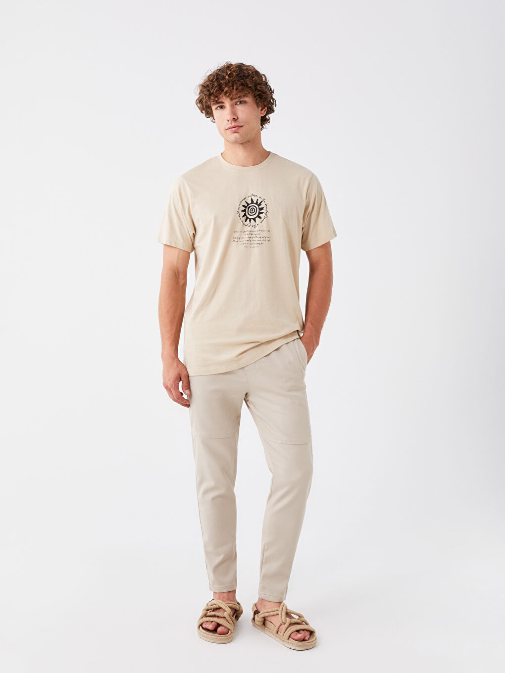 Bej Bisiklet Yaka Kısa Kollu Baskılı Penye Erkek Tişört-2