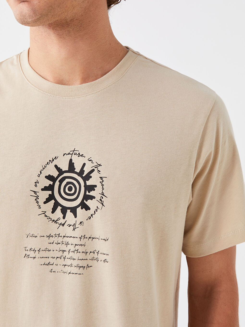 Bej Bisiklet Yaka Kısa Kollu Baskılı Penye Erkek Tişört-3