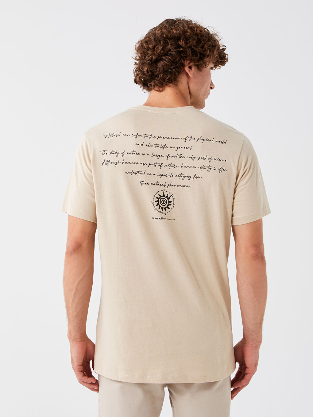 Bej Bisiklet Yaka Kısa Kollu Baskılı Penye Erkek Tişört-4