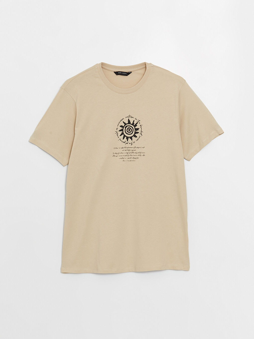 Bej Bisiklet Yaka Kısa Kollu Baskılı Penye Erkek Tişört-5