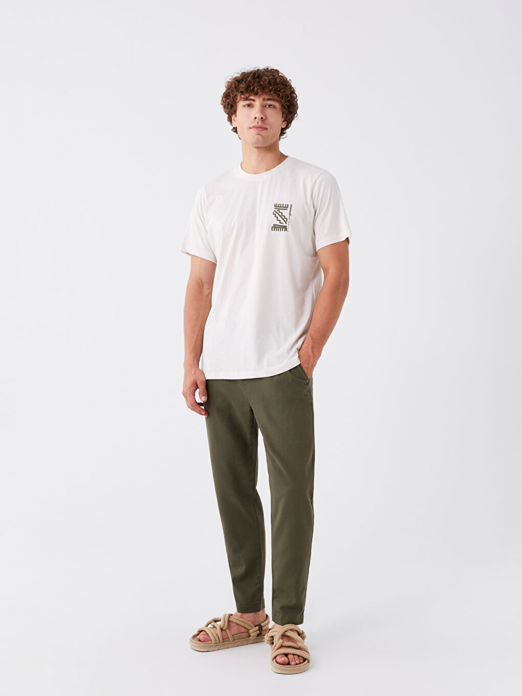 Ekru Bisiklet Yaka Kısa Kollu Baskılı Penye Erkek Tişört-2