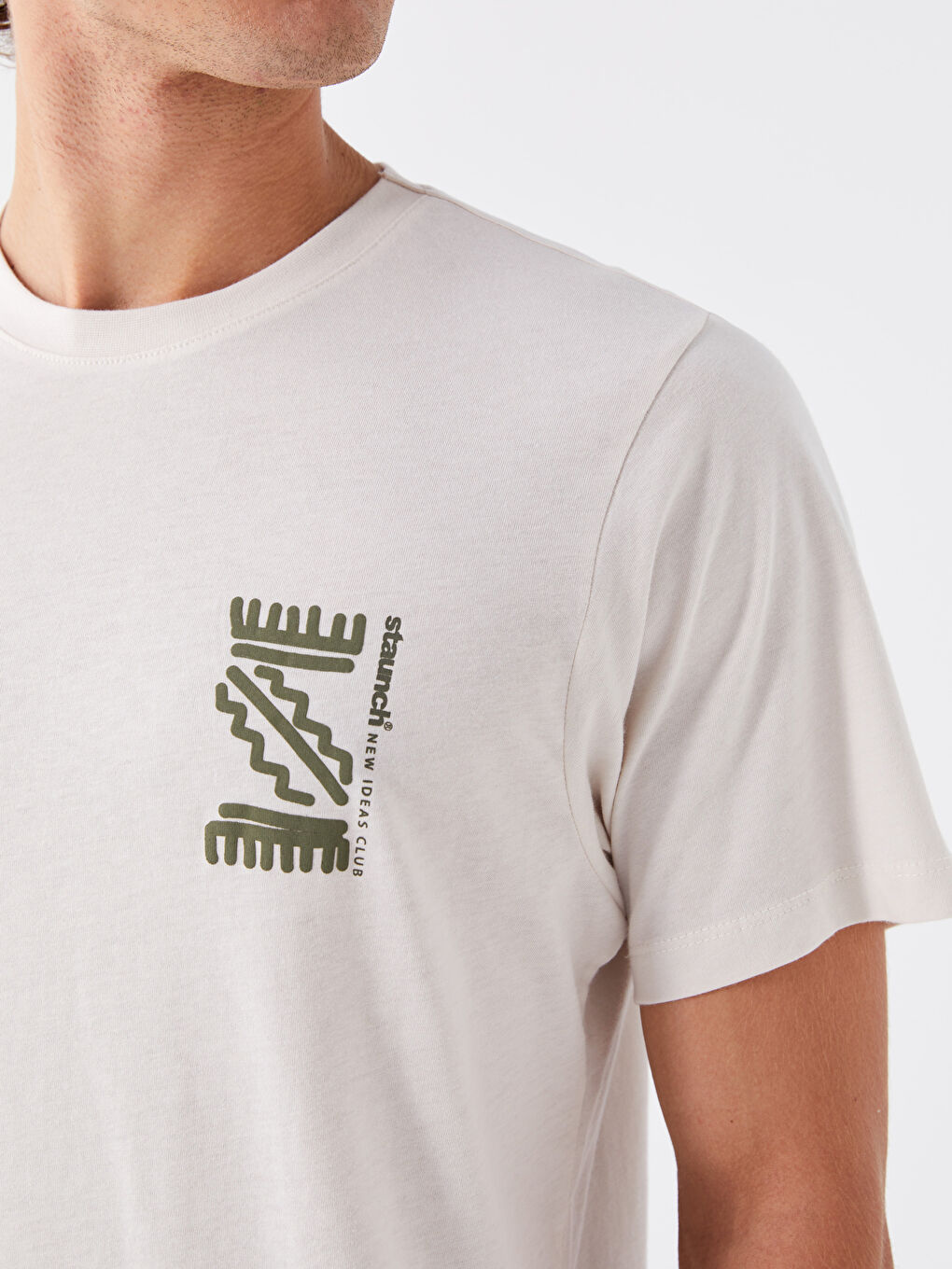 Ekru Bisiklet Yaka Kısa Kollu Baskılı Penye Erkek Tişört-3