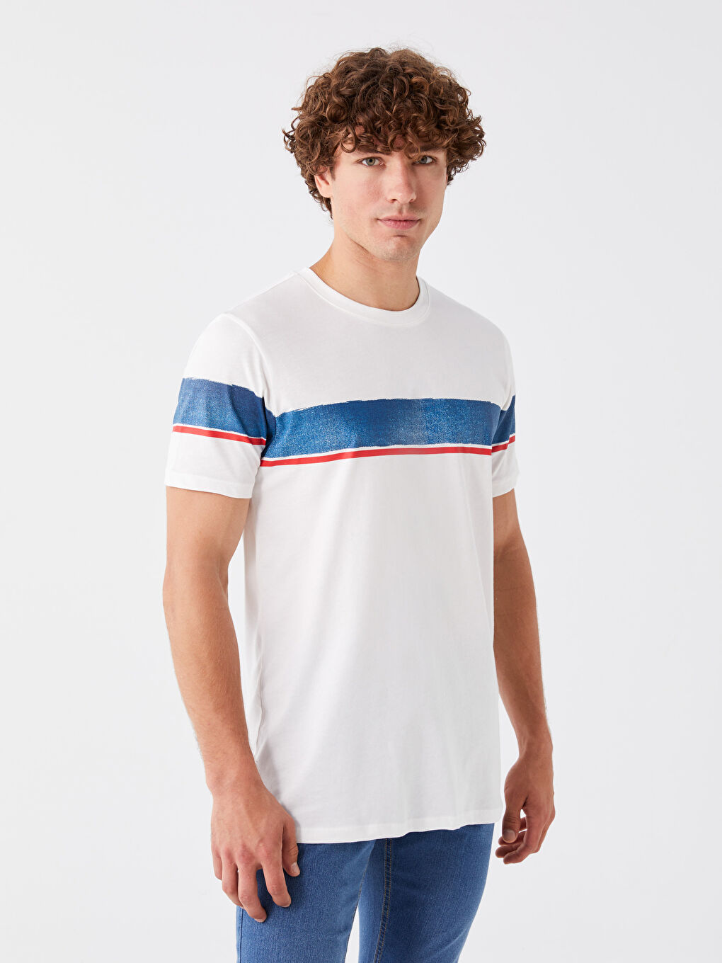 Ekru Bisiklet Yaka Kısa Kollu Renk Bloklu Penye Erkek Tişört