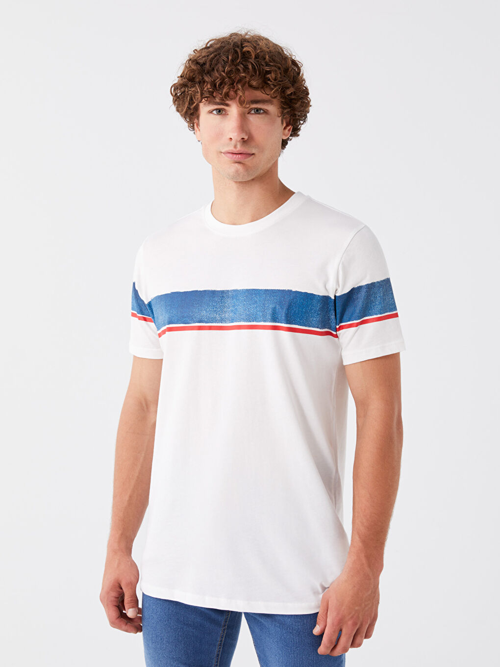 Ekru Bisiklet Yaka Kısa Kollu Renk Bloklu Penye Erkek Tişört-1