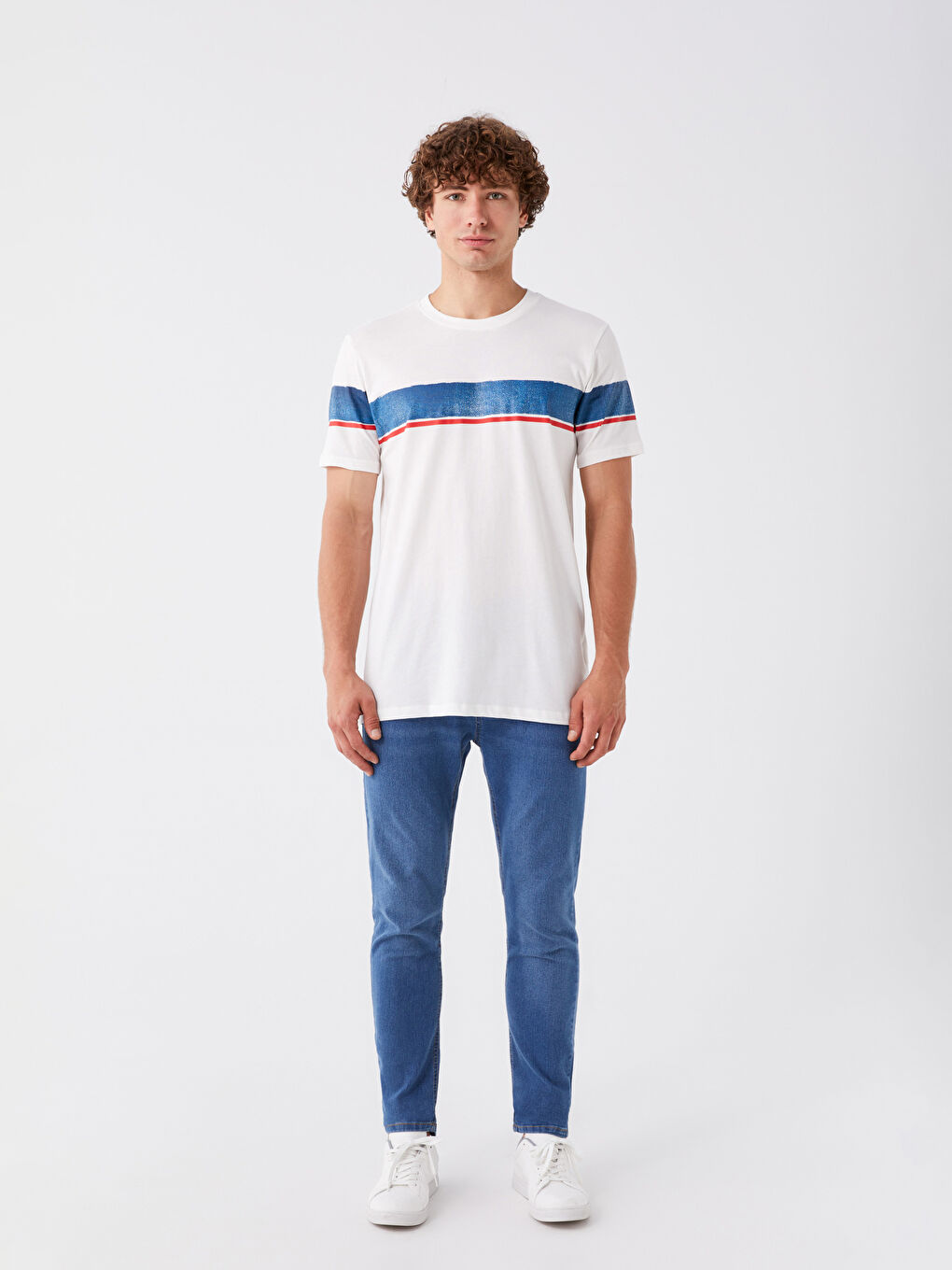 Ekru Bisiklet Yaka Kısa Kollu Renk Bloklu Penye Erkek Tişört-2