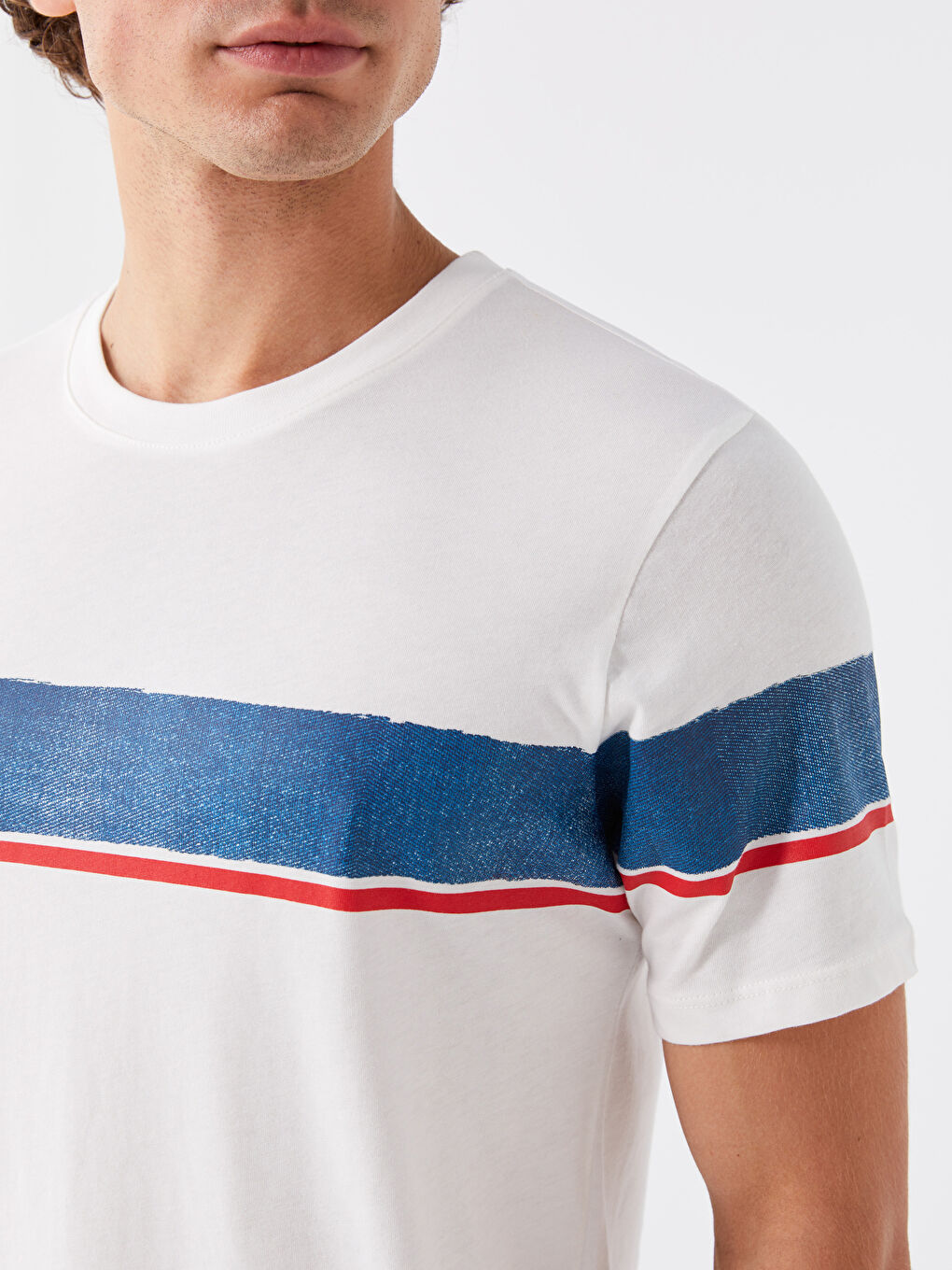 Ekru Bisiklet Yaka Kısa Kollu Renk Bloklu Penye Erkek Tişört-3