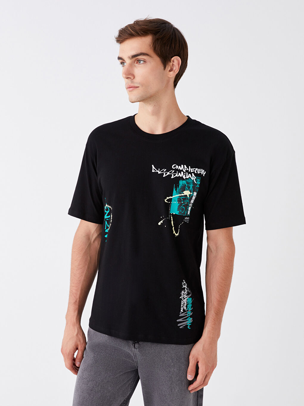 Siyah Bisiklet Yaka Kısa Kollu Baskılı Penye Erkek Tişört