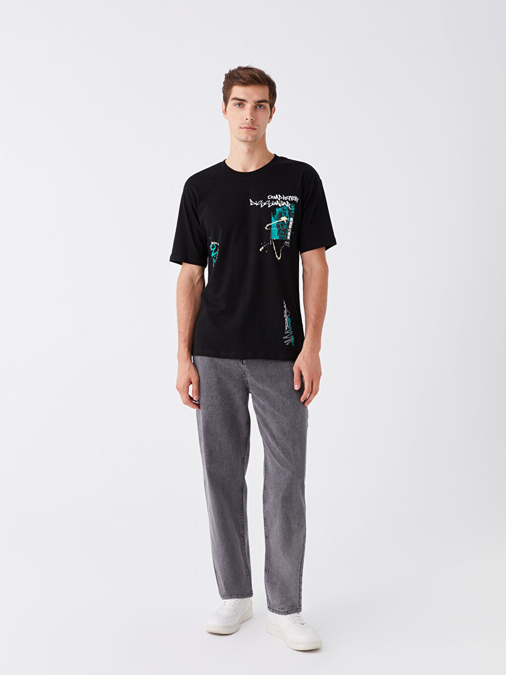 Siyah Bisiklet Yaka Kısa Kollu Baskılı Penye Erkek Tişört-2