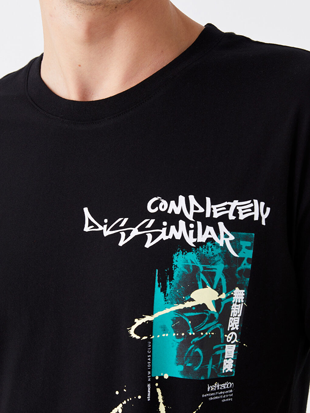 Siyah Bisiklet Yaka Kısa Kollu Baskılı Penye Erkek Tişört-3