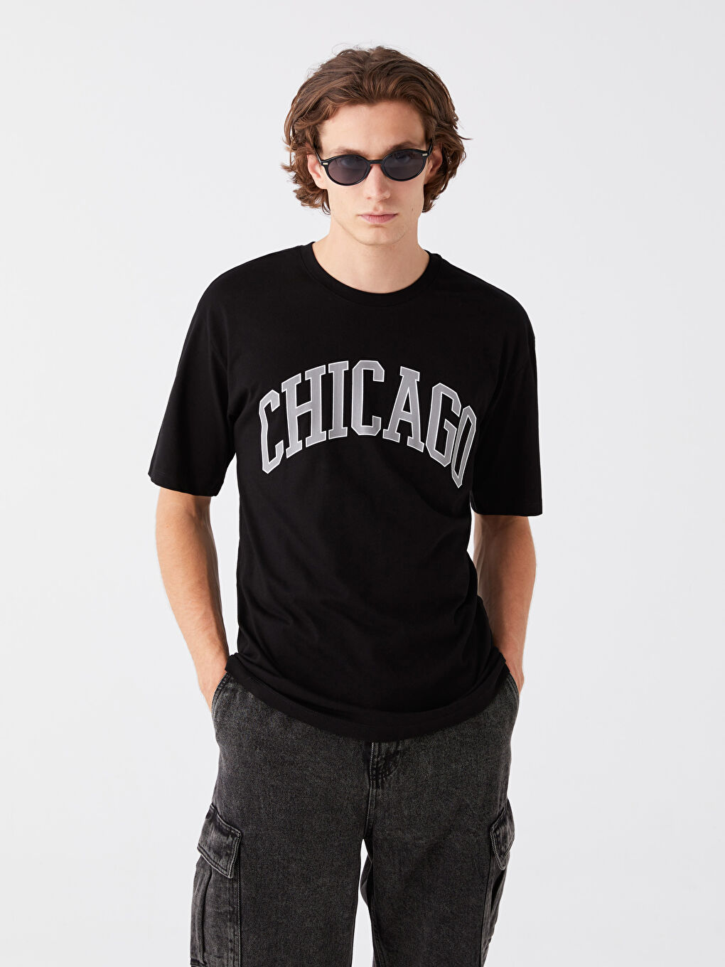 Siyah Bisiklet Yaka Kısa Kollu Baskılı Penye Erkek Tişört