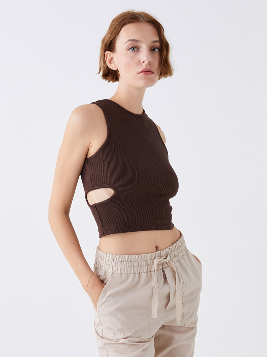 Kahverengi Kadın Bisiklet Yaka Düz Atlet