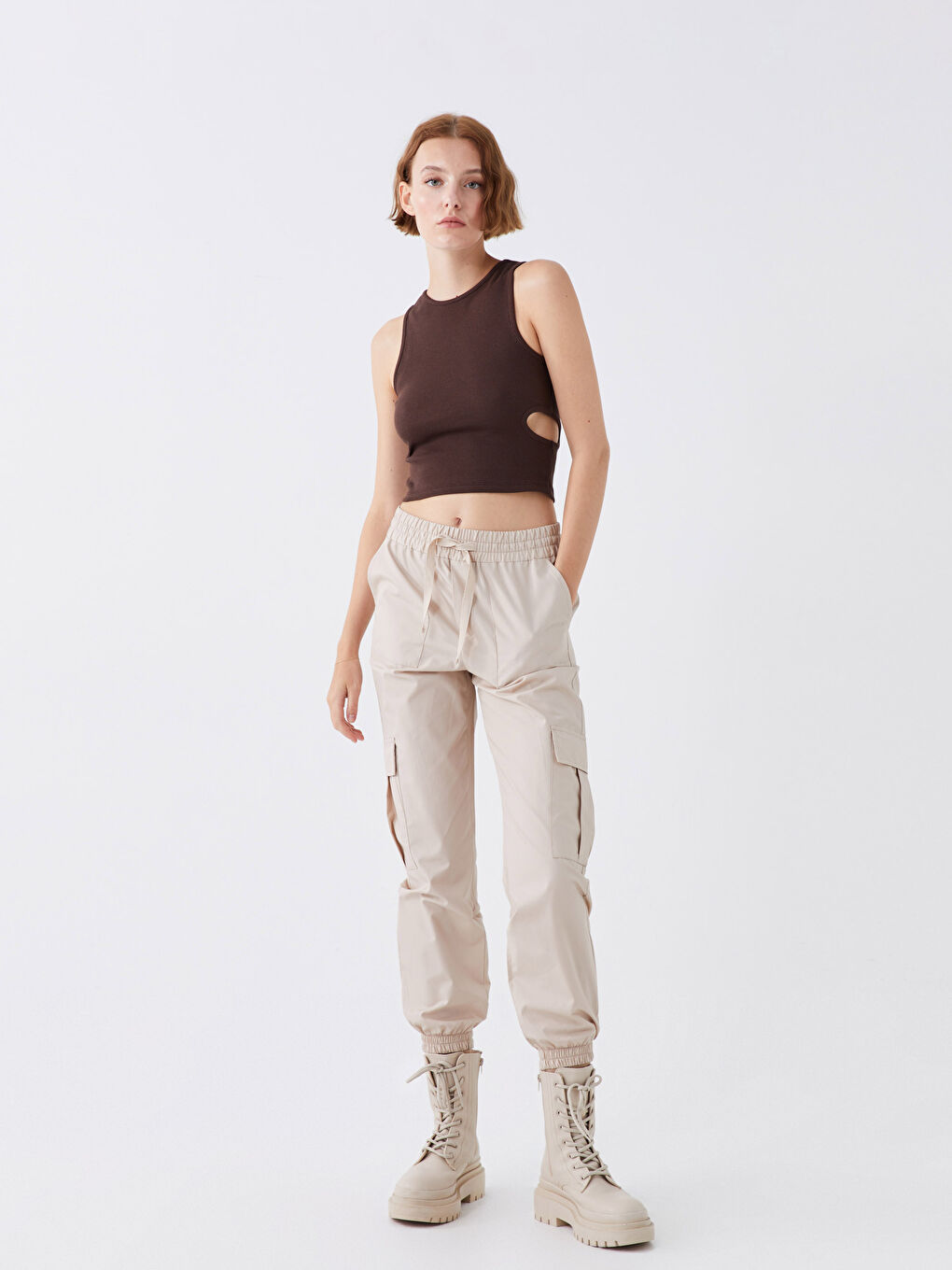 Kahverengi Kadın Bisiklet Yaka Düz Atlet-1