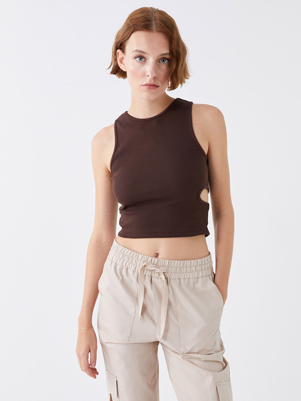 Kahverengi Kadın Bisiklet Yaka Düz Atlet-2