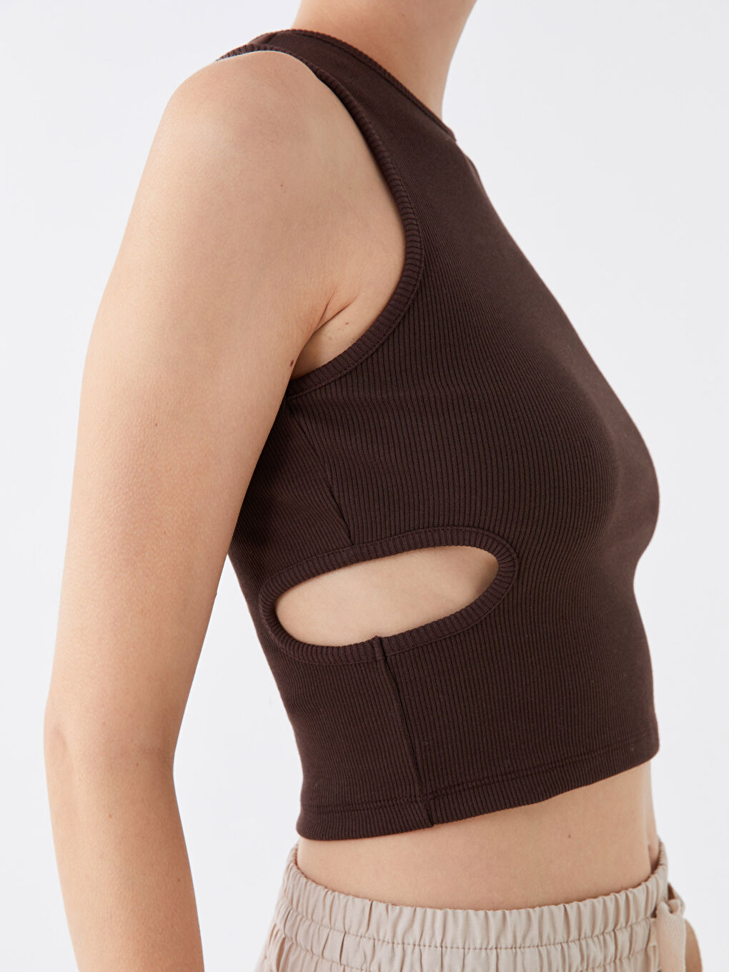 Kahverengi Kadın Bisiklet Yaka Düz Atlet-3