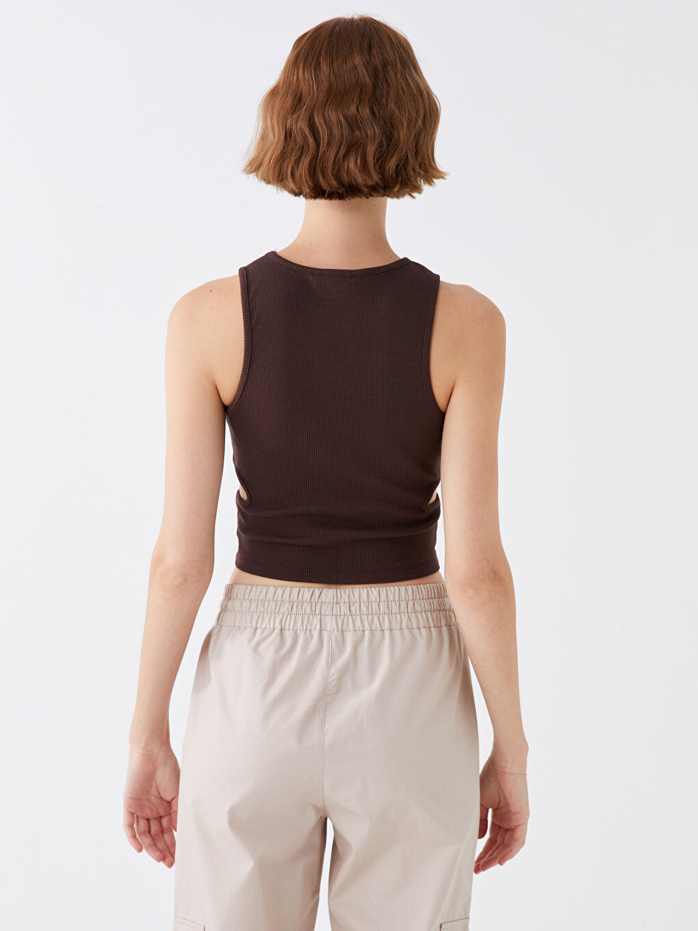 Kahverengi Kadın Bisiklet Yaka Düz Atlet-4