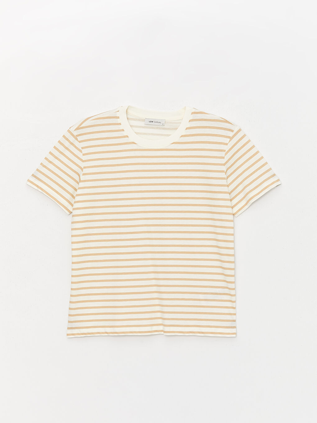 Bej Bisiklet Yaka Çizgili Kısa Kollu Kadın Tişört-5