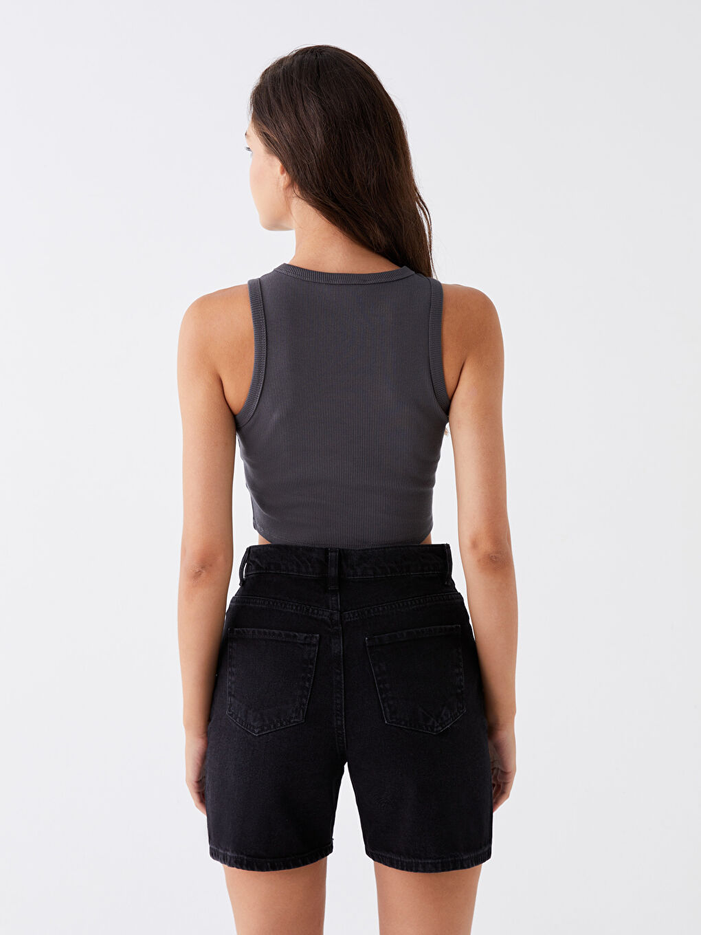 Antrasit Bisiklet Yaka Baskılı Kadın Crop-4