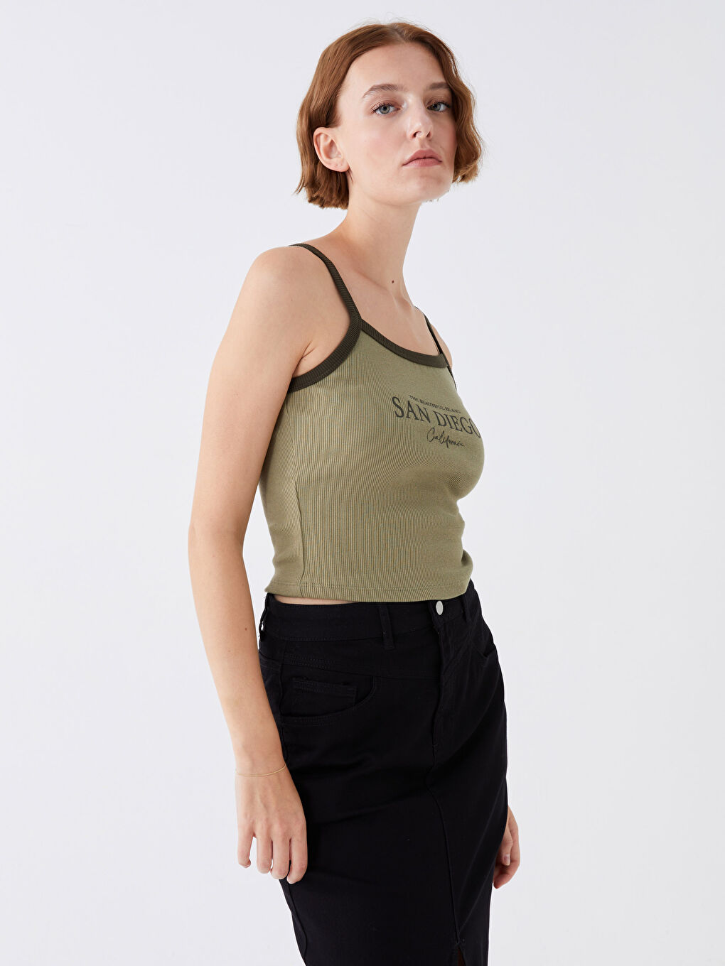 Yeşil U Yaka Baskılı Askılı Kadın Crop-2