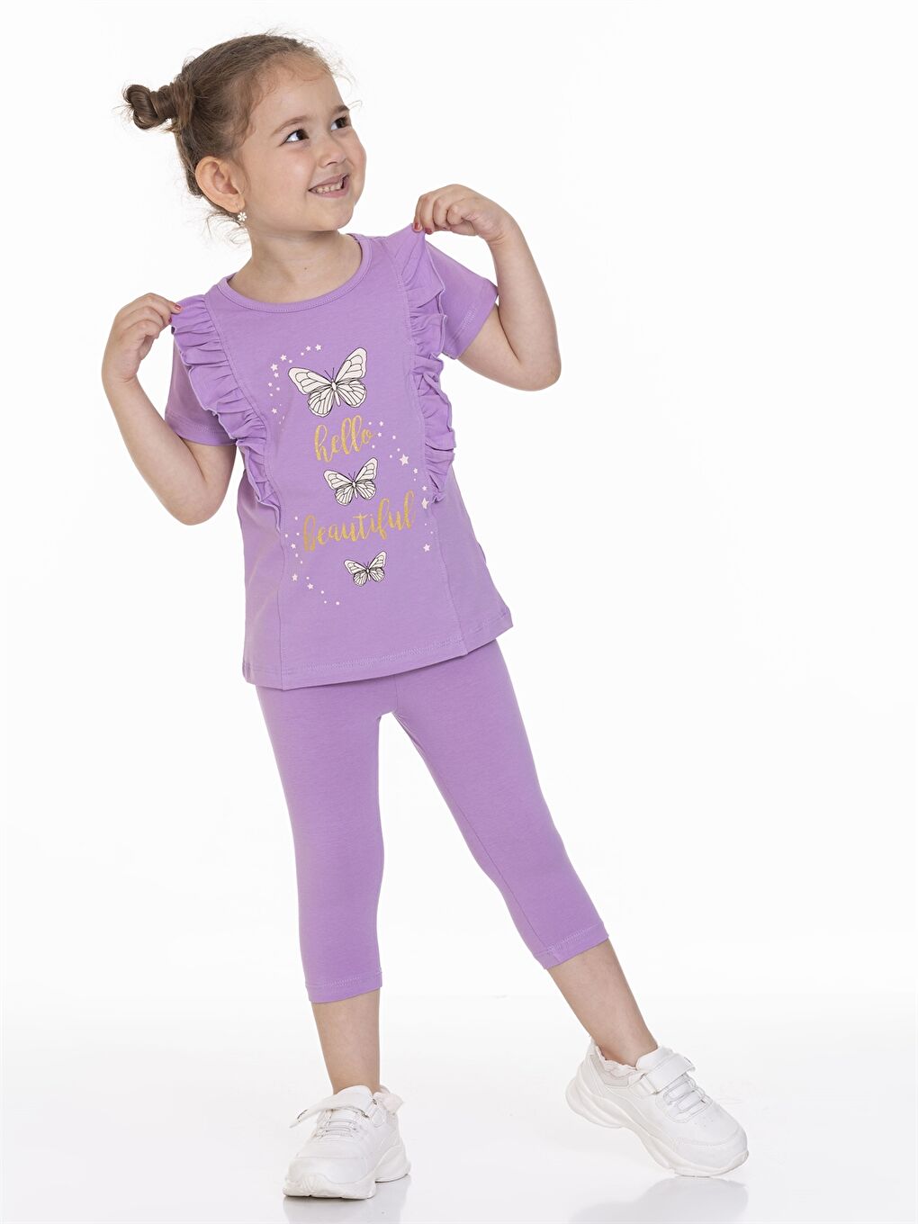 Lila Bisiklet Yaka Kısa Kollu Baskılı Kız Bebek Tişört ve Tayt 2'li Takım