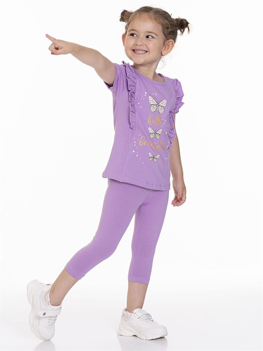 Lila Bisiklet Yaka Kısa Kollu Baskılı Kız Bebek Tişört ve Tayt 2'li Takım-1