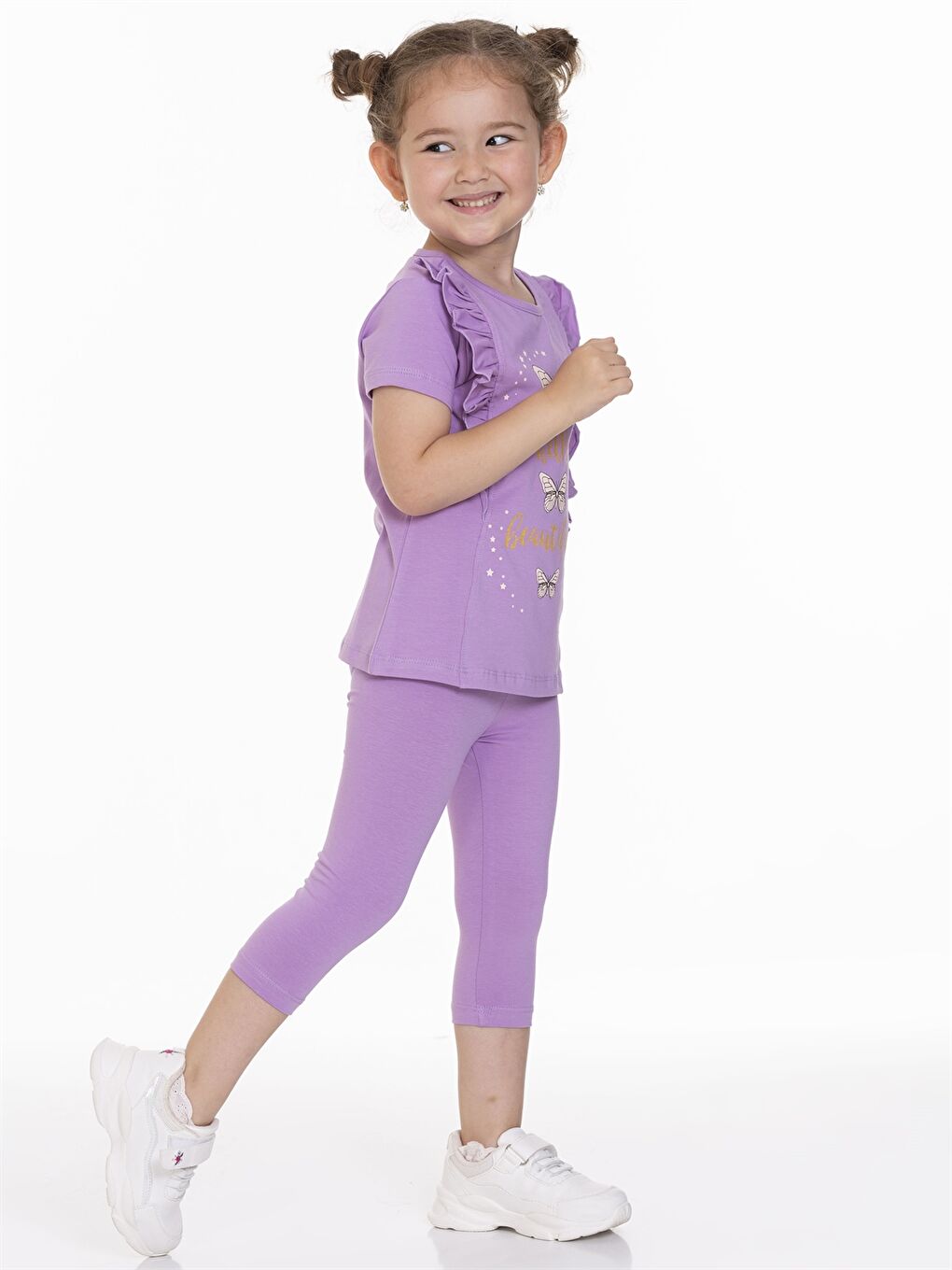 Lila Bisiklet Yaka Kısa Kollu Baskılı Kız Bebek Tişört ve Tayt 2'li Takım-2