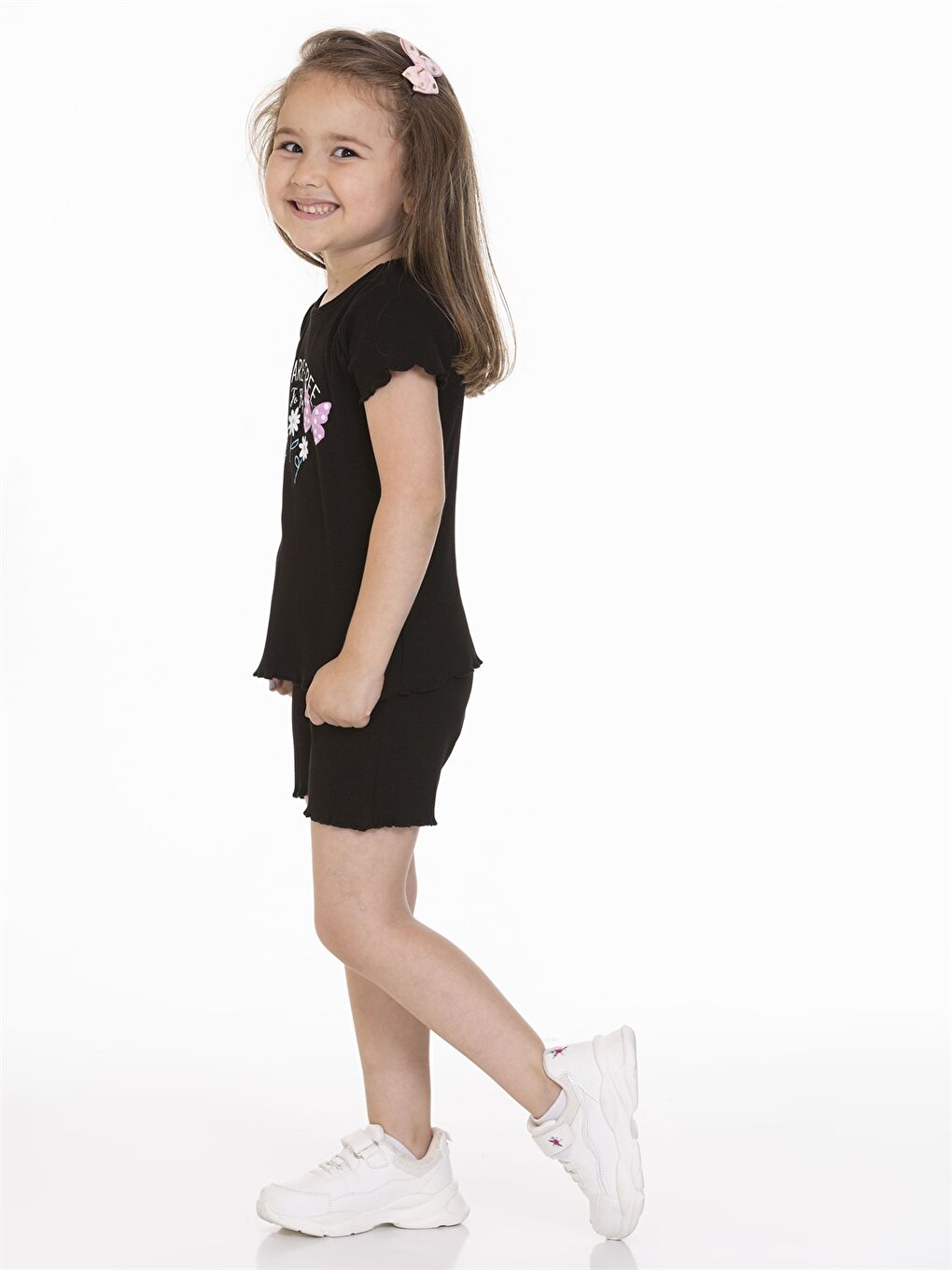 Siyah Bisiklet Yaka Desenli Kız Bebek Tişört ve Şort 2'li Takım-1