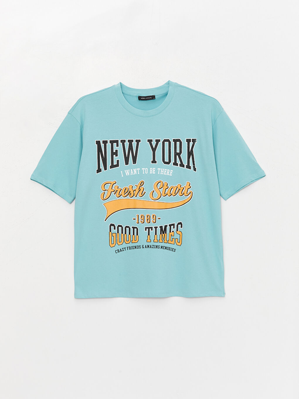 Turkuaz Bisiklet Yaka Baskılı Kısa Kollu Oversize Kadın Tişört-5