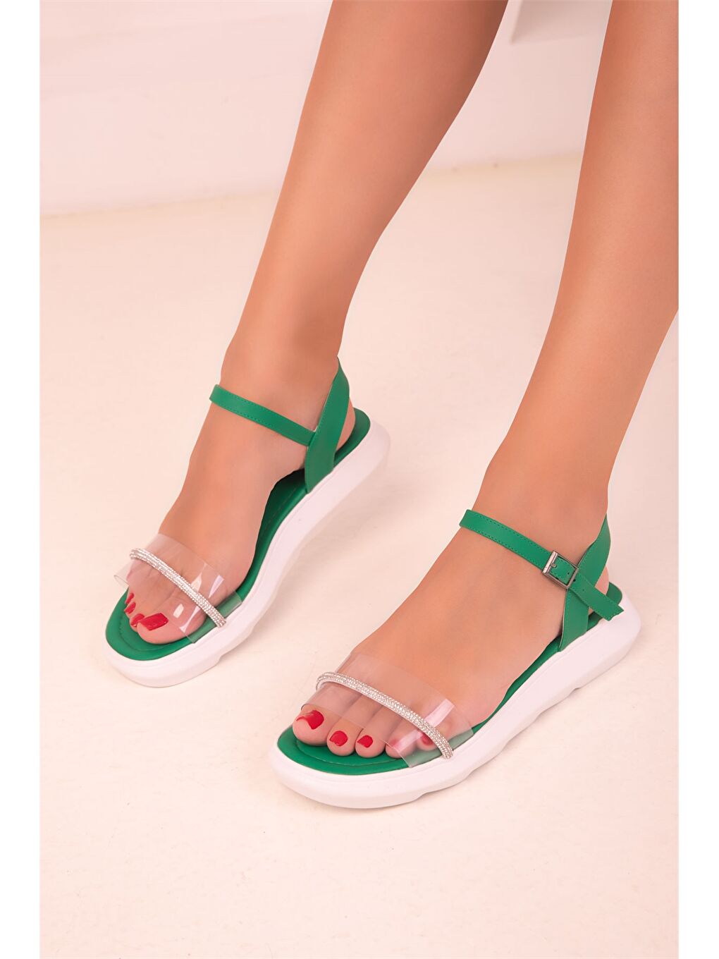 Yeşil Deri Görünümlü Tek Bantlı Kadın Sandalet-2