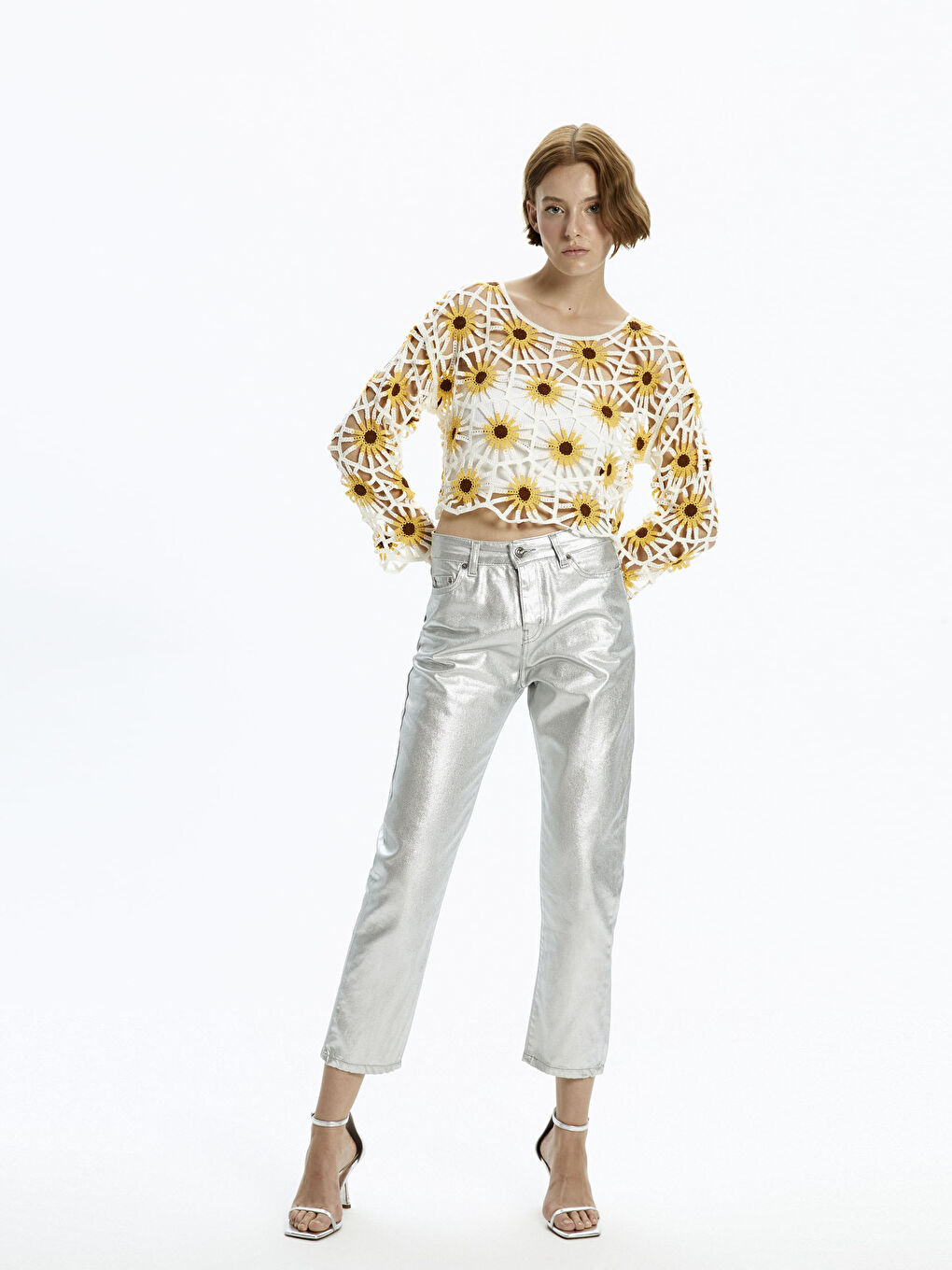 Sarı Bisiklet Yaka Dantelli Uzun Kollu Kadın Kroşe Bluz-1