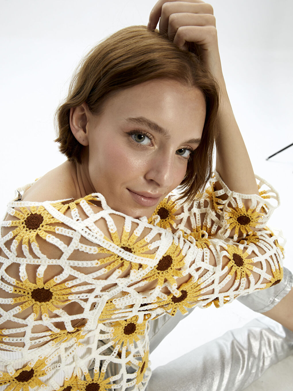 Sarı Bisiklet Yaka Dantelli Uzun Kollu Kadın Kroşe Bluz-2