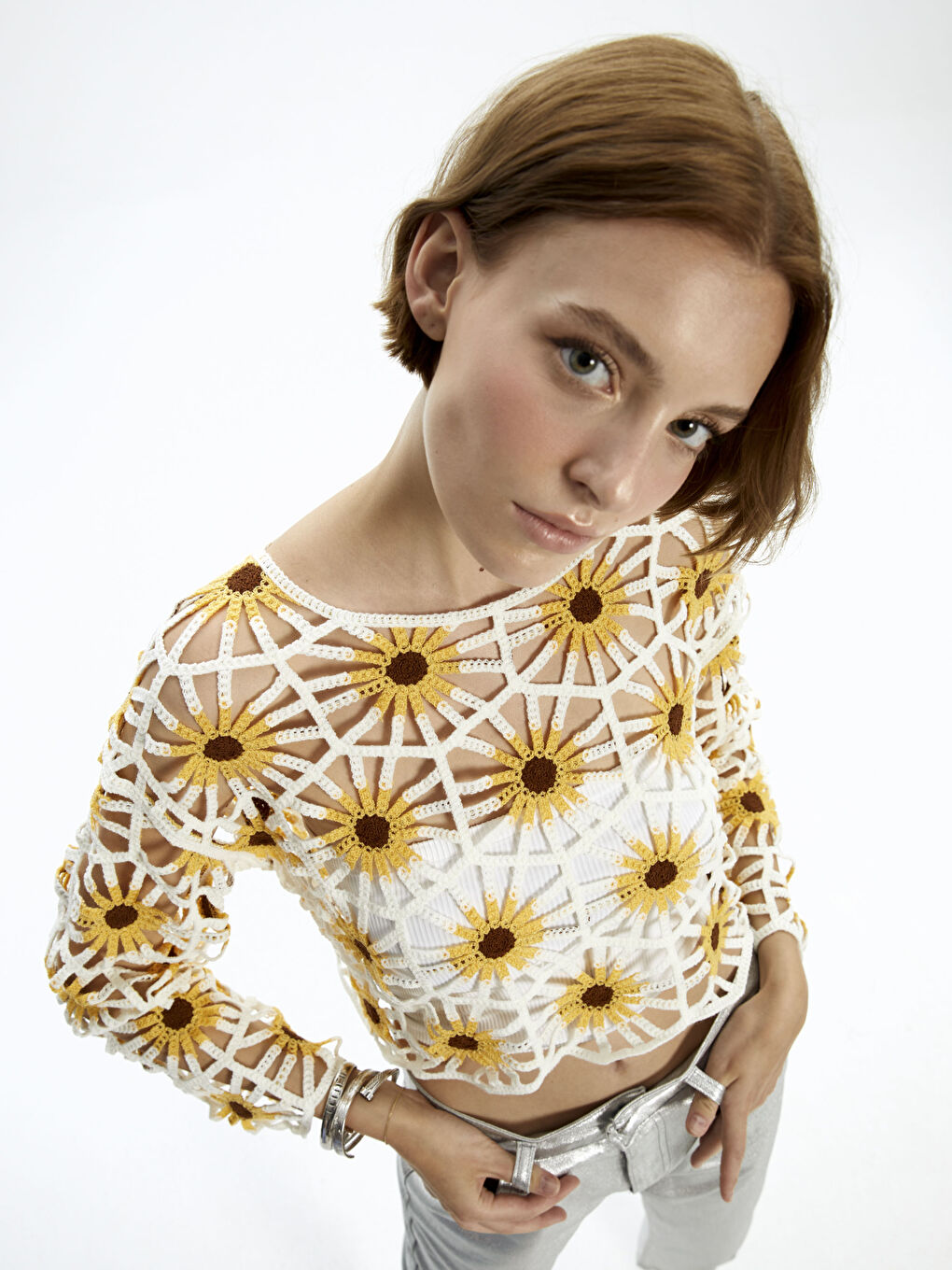 Sarı Bisiklet Yaka Dantelli Uzun Kollu Kadın Kroşe Bluz-3