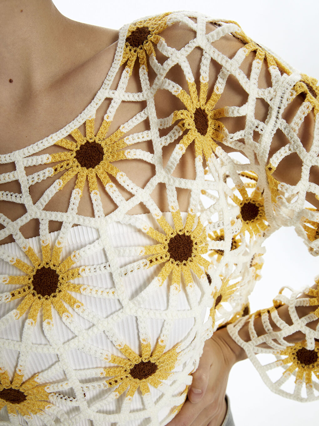 Sarı Bisiklet Yaka Dantelli Uzun Kollu Kadın Kroşe Bluz-4