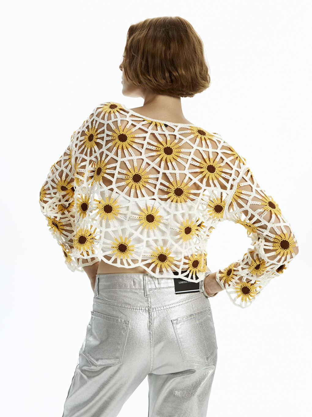 Sarı Bisiklet Yaka Dantelli Uzun Kollu Kadın Kroşe Bluz-5