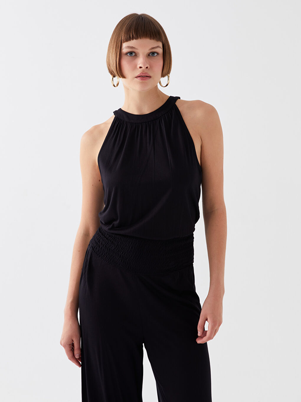 Siyah Kadın Halter Yaka Düz Tulum-2