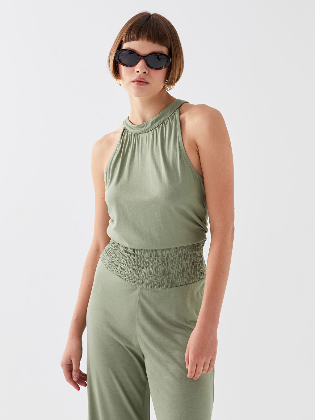 Women's Halter Neck Plain Jumpsuit -S3LB56Z8-PX1