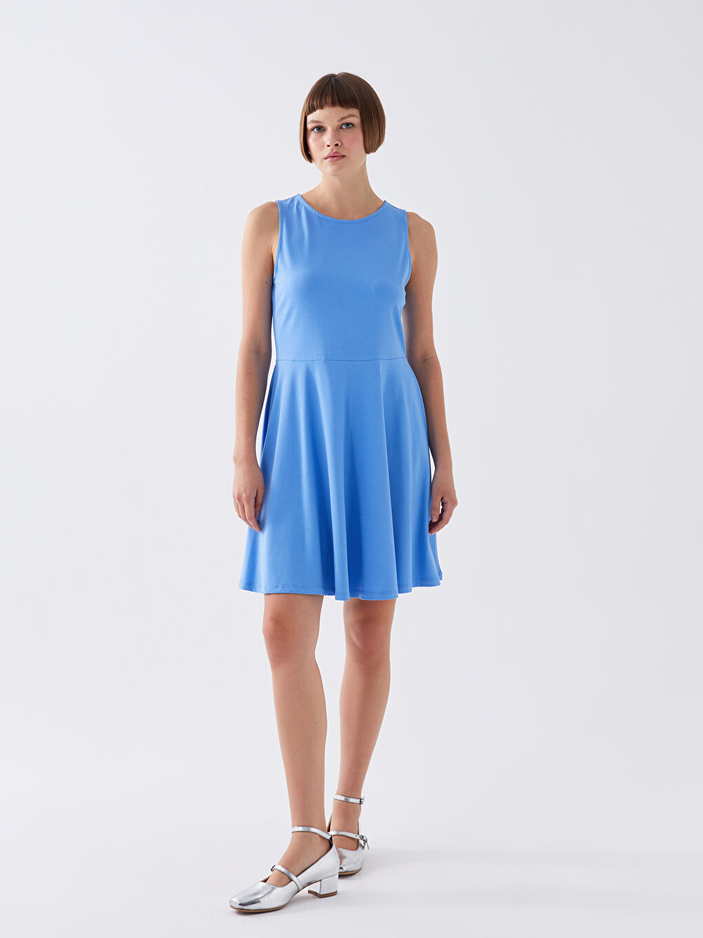 Mavi Kadın Bisiklet Yaka Düz Elbise