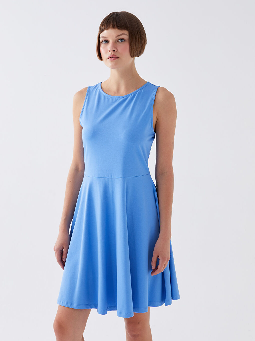 Mavi Kadın Bisiklet Yaka Düz Elbise-1