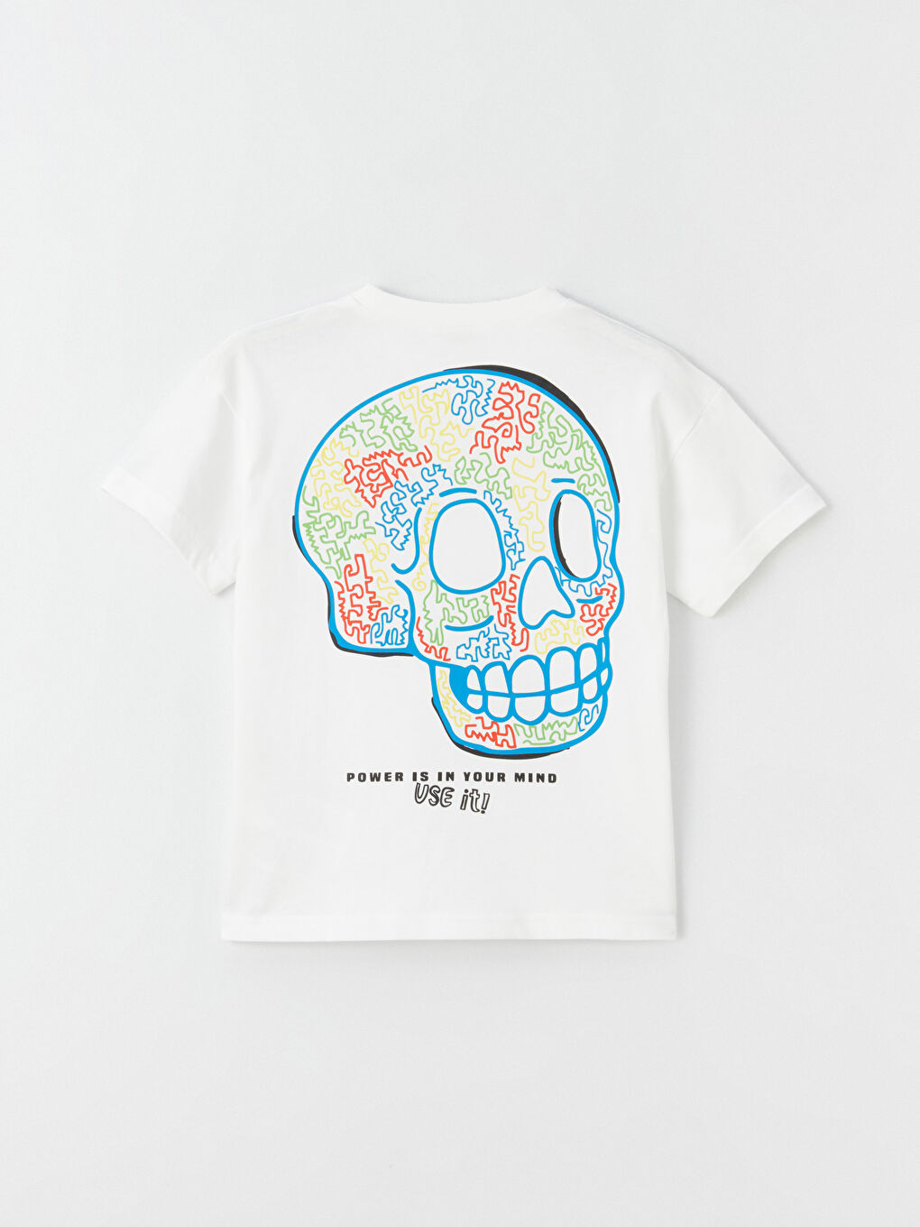 Beyaz Bisiklet Yaka Baskılı Kısa Kollu Erkek Çocuk Tişört-1